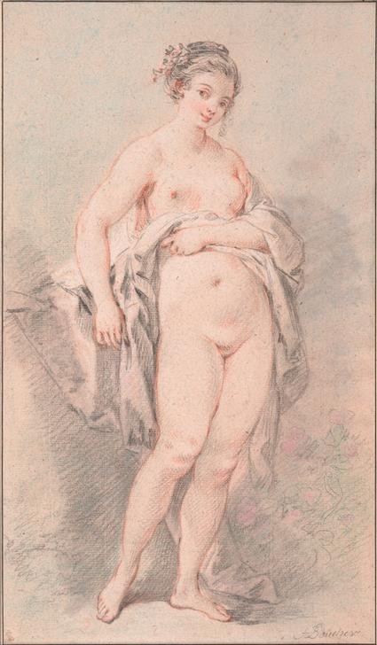 Francois Boucher, Stehender Mädchenakt (Frau,Kunst,Mädchen,Akt,Rokoko,Französische Kunst,Junge Frau,Ganzfigurig,Tuch)