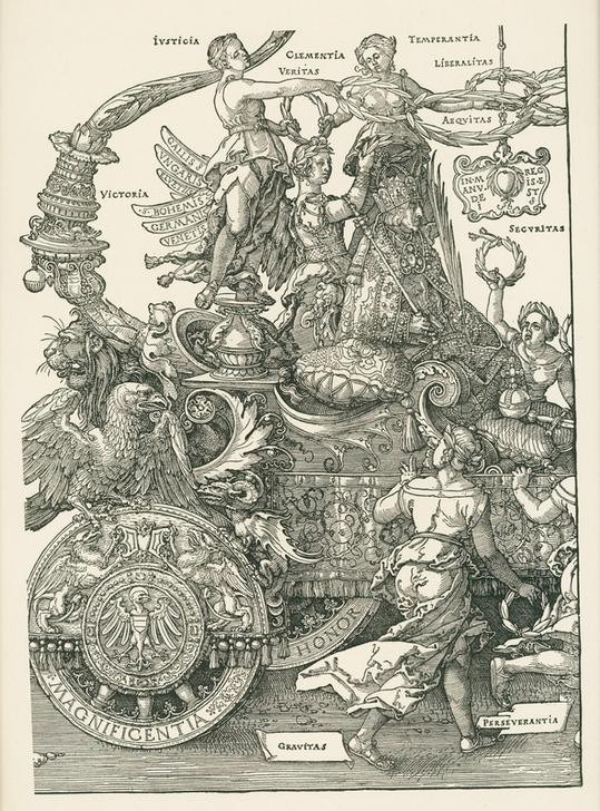 Albrecht Dürer, Der große Triumphwagen (Deutsche Kunst,Kaiser,Mann,Renaissance,Allegorie,Tugend,Portrait,Triumphzug,Lorbeerkranz,Kardinaltugend,Person,Ausschnitt)