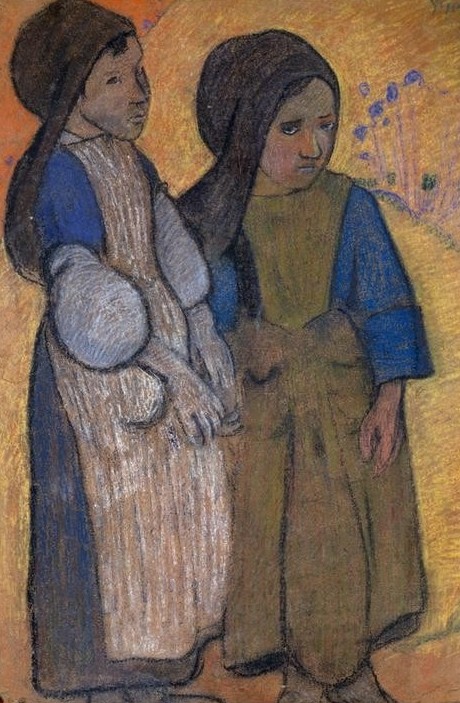 Paul Gauguin, Petites bretonnes devant la mer II (Kind,Kopfbedeckung,Kunst,Mädchen,Tracht,Volkskunde,Meer,Fauves,Portrait,Haube,Schürze,Französische Kunst,Traurigkeit,Gefühl (Stimmung),Doppelportrait,Blick (Allgemein),Negative Stimmungen Und Gefühle,Handhalten)