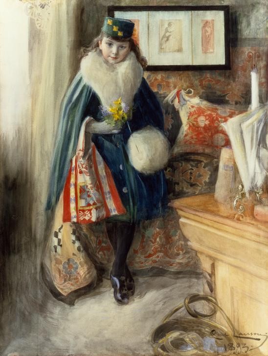 Carl Larsson, Porträt von Anne Marie Warburg (Handschuh,Kindermode,Kind,Kunst,Mädchen,Mantel,Mensch,Mode,Pelz,Winter,Hut,Bild Im Bild,Portrait,Muff,Blumenstrauss,Interieur,Schwedische Kunst,Pelzkragen,Tasche,Kappe (Kopfbedeckung),Cape,Lackschuh,Blume,Jahrhundertwende,Mütze,Beutel)