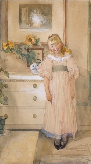 Carl Larsson, Sunflowers (Kindermode,Kind,Kommode,Kunst,Mädchen,Mensch,Mode,Sonnenblume,Lachen,Bild Im Bild,Portrait,Blumenstrauss,Interieur,Vase,Schwedische Kunst,Blume,Streifen)