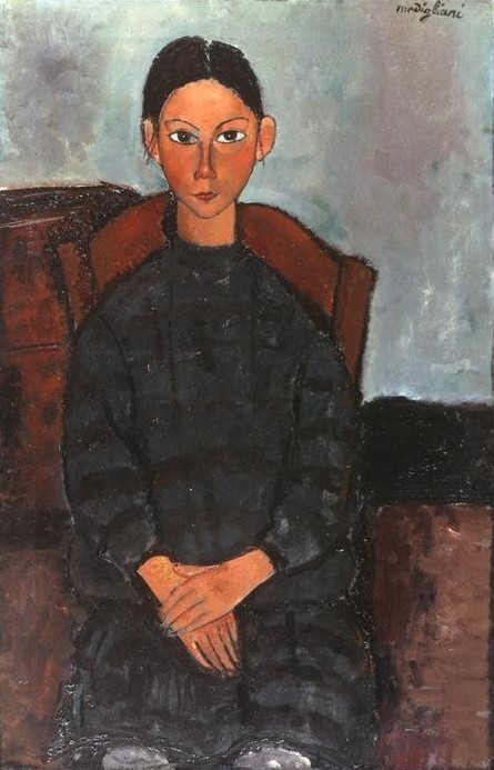 Amedeo Modigliani, La fillette au tablier noir (Kind,Kunst,Mädchen,Mensch,Portrait,Italienische Kunst,Sitzen,Schwarze Haare,Scheitel,Hände Im Schoss)