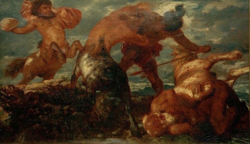 Arnold Böcklin, Kentaurenkampf (Mythologie, Fabelwesen, Kentaur, Studie, Kampf, Kentauromachie, Symbolismus, Wunschgröße, Klassiker, Wohnzimmer,)