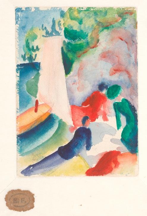 August Macke, Picknick am Strand (Ausflug,Boot,Deutsche Kunst,Frau,Kunst,Mann,Picknick,Freizeit,Segeln,Sport,Strand,Segelboot,See,Expressionismus,Reise,Der Blaue Reiter,Wassersport,Geselliges Beisammensein,Essen Im Freien,Schifffahrt)