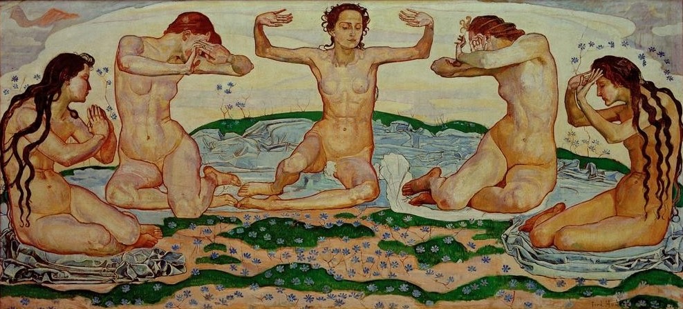 Ferdinand Hodler, Der Tag (Frau,Gruppenbild,Jugendstil,Kunst,Tageszeiten,Symbolismus,Akt,Tag,Schweizerische Kunst,Sitzen,Jahrhundertwende,Trance,Halbkreis,Bewegung,Symbolik)