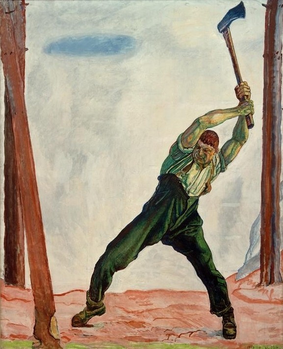 Ferdinand Hodler, Der Holzfäller (Arbeit,Forstwirtschaft,Holzfäller,Kunst,Mann,Muskel,Werkzeug,Baum,Schweizerische Kunst,Axt,Grimasse,Anstrengung,Baumstamm,Ärmel Hochkrempeln,Kraft,Bewegung)