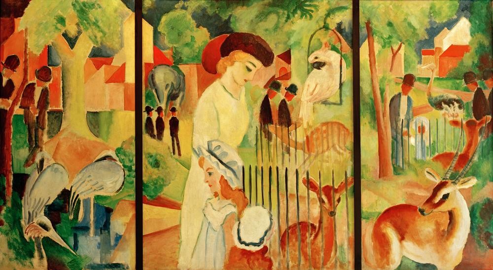 August Macke, Triptychon: Großer Zoologischer Garten (Deutsche Kunst,Mutter Und Kind,Freizeit,Spaziergang,Zoologischer Garten,Zoologie,Triptychon,Expressionismus,Der Blaue Reiter,Reh,Kakadu)