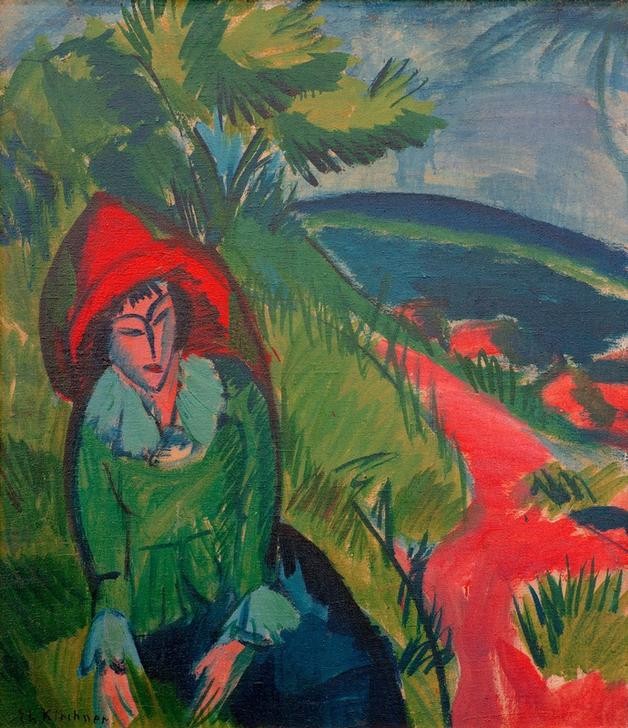 Ernst Ludwig Kirchner, Erna auf Fehmarn (Damenhut,Deutsche Kunst,Frau,Mensch,Seebad,Spaziergang,Urlaub,Portrait,Expressionismus,Die Brücke,Im Freien (Allgemein),Frauenleben)