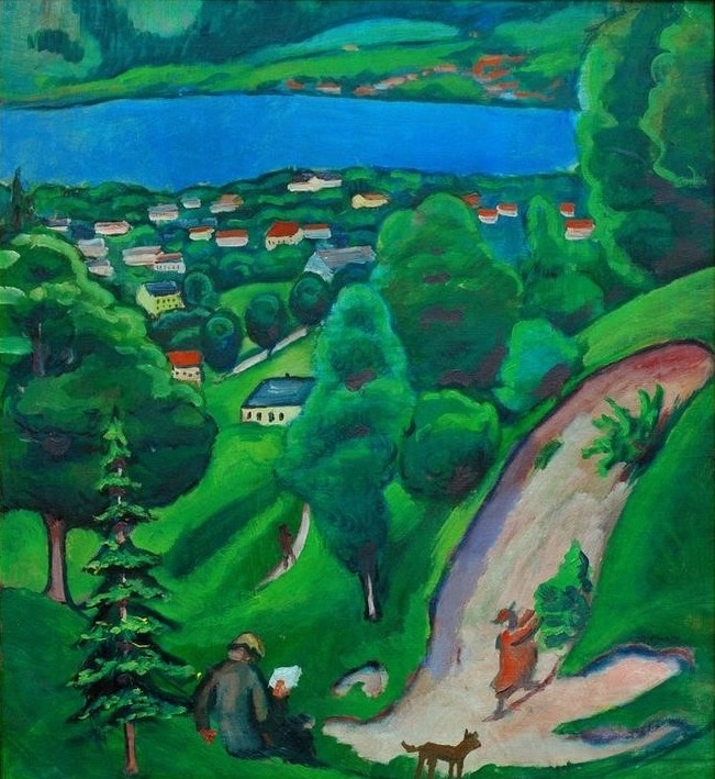 August Macke, Landschaft am Tegernsee (Deutsche Kunst,Gebirge,Landschaft,Leser,Herr Und Hund,See,Hund,Expressionismus,Der Blaue Reiter)