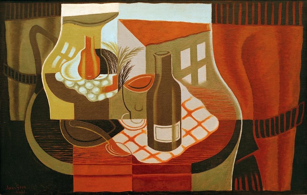Juan Gris, Le gueridon devant la fenêtre (Vorhang, Flasche, Obst, Schale, Stillleben, Kubismus,  Klassische Moderne, Malerei, Wohnzimmer, Esszimmer, Wunschgröße, bunt)