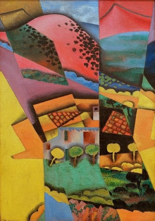 Juan Gris, Paysage a Ceret (Landschaft, Dorf, Hügel,  Kubismus, Klassische Moderne, Malerei, Wohnzimmer, Treppenhaus, Wunschgröße, bunt)