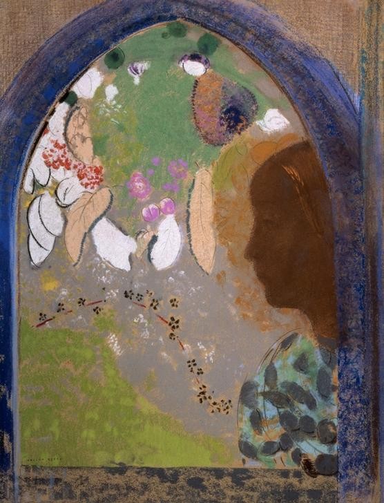 Odilon Redon, Frau im Fenster (Fenster,Frau,Mensch,Symbolismus,Portrait,Französische Kunst,Profil)