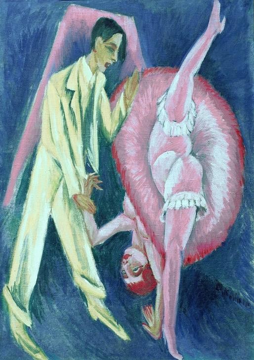 Ernst Ludwig Kirchner, Tanzpaar (Damenmode,Deutsche Kunst,Erotik,Frau,Gesellschaftstanz,Kunst,Mann,Mensch,Mode,Musik,Tänzer,Tänzerin,Tanz,Unterwäsche (Damen),Expressionismus,Die Brücke,Cancan,Paar,Kleidung (Allgemein),Unterhose,Körperhaltung,Tanzpaar,Kopfüber,Akrobatik,Spagat,Bewegung)