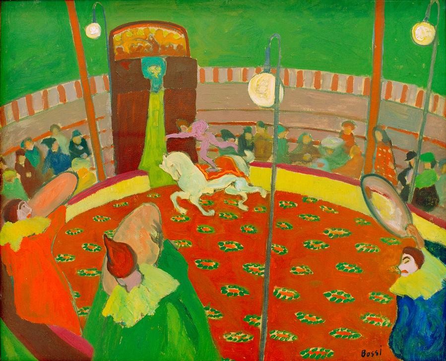 Erma Bossi, Zirkus (Zirkus, Kunst-Reiterin, Clowns, Manege, Vorstellung, Zuschauer, Wunschgröße, Klassische Moderne, Expressionismus, Wohnzimmer)