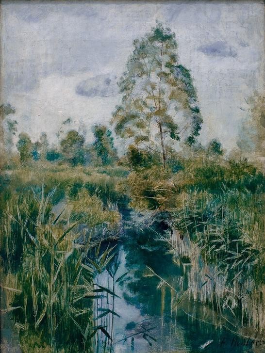 Ferdinand Hodler, Bachlandschaft (Landschaft,Baum,Bach,Schilf,Schweizerische Kunst,Ufer)