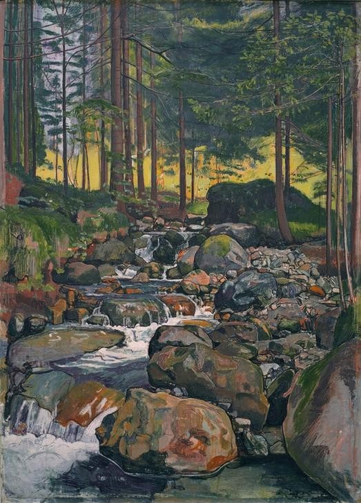 Ferdinand Hodler, Wald mit Bergbach (Landschaft,Wald,Nadelwald,Felsen,Bach,Schweizerische Kunst)