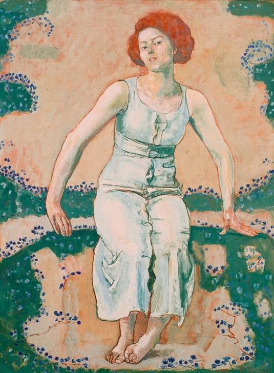 Ferdinand Hodler, Sitzende junge Frau im Garten (Frau,Jugendstil,Mensch,Symbolismus,Portrait,Schweizerische Kunst,Im Freien (Allgemein),Sitzen)