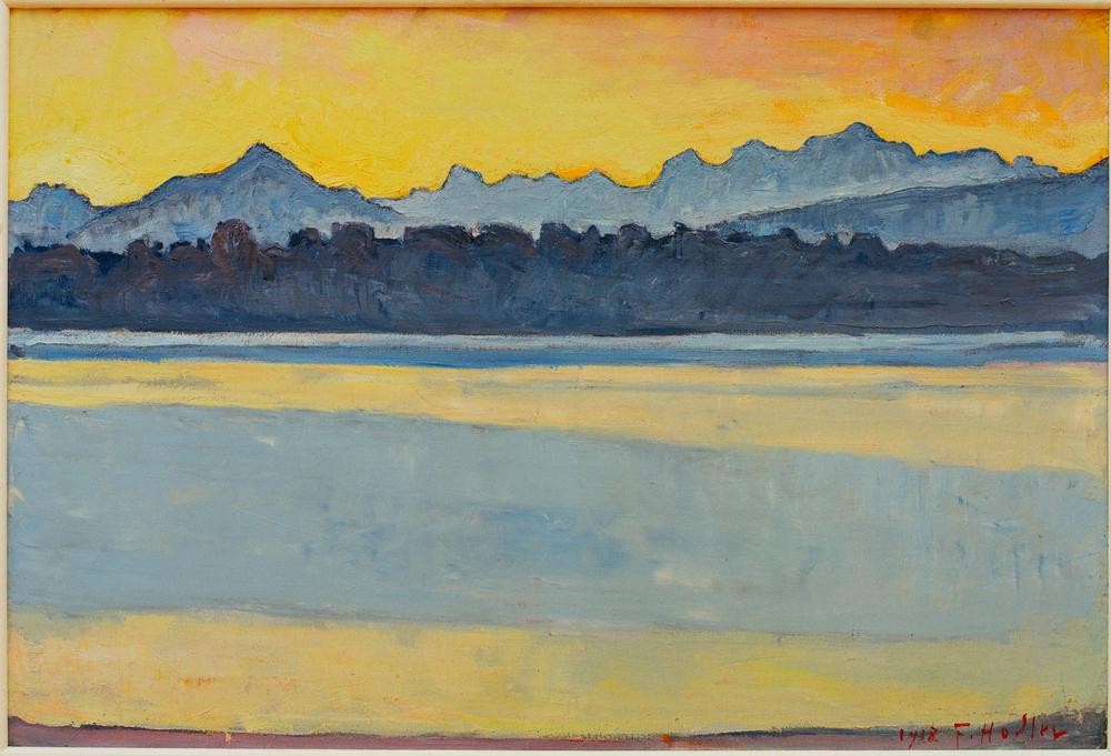 Ferdinand Hodler, Die Bucht von Genf mit dem Mont-Blanc vor Sonnenaufgang (Geographie,Jugendstil,Landschaft,Morgenrot,Wolke,See,Schweizerische Kunst,Topographie)