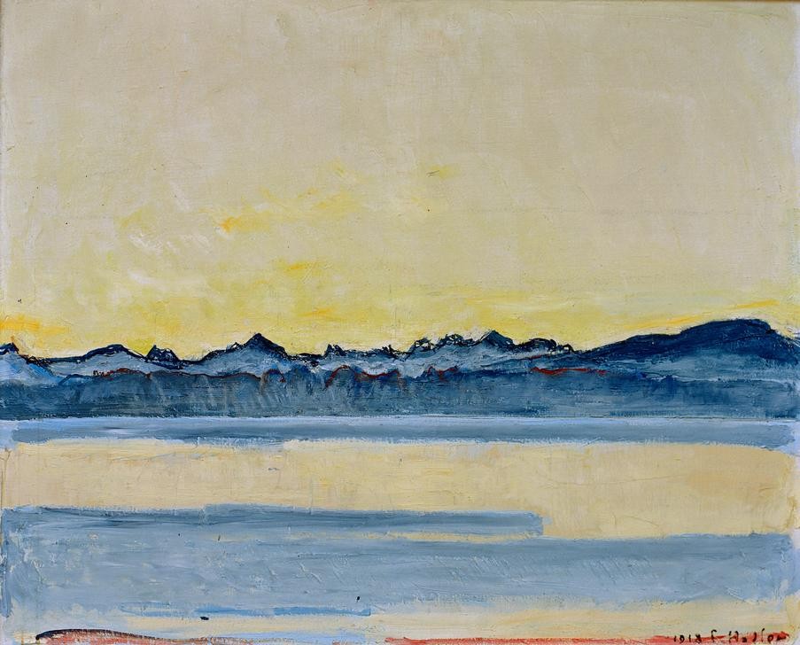 Ferdinand Hodler, Genfersee mit Mont-Blanc vor Sonnenauf– gang (Geographie,Jugendstil,Landschaft,Wolke,Tageszeiten,Morgen,See,Sonnenaufgang,Schweizerische Kunst,Topographie)