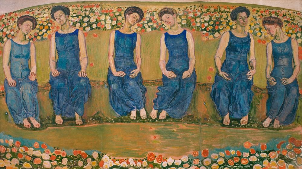 Ferdinand Hodler, Die heilige Stunde (6figurig) (Frau,Gruppenbild,Jugendstil,Naturreligion,Symbolismus,Schweizerische Kunst,Pantheismus,Sitzen)