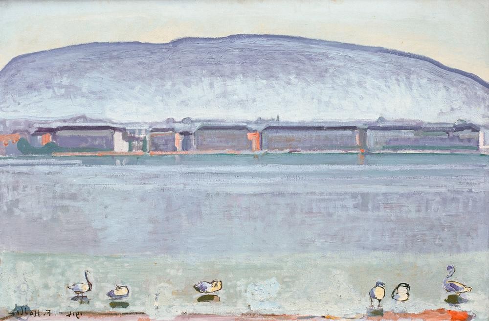 Ferdinand Hodler, Die Bucht von Genf mit sechs Schwänen im Vordergrund (Geographie,Landschaft,See,Schweizerische Kunst,Topographie)