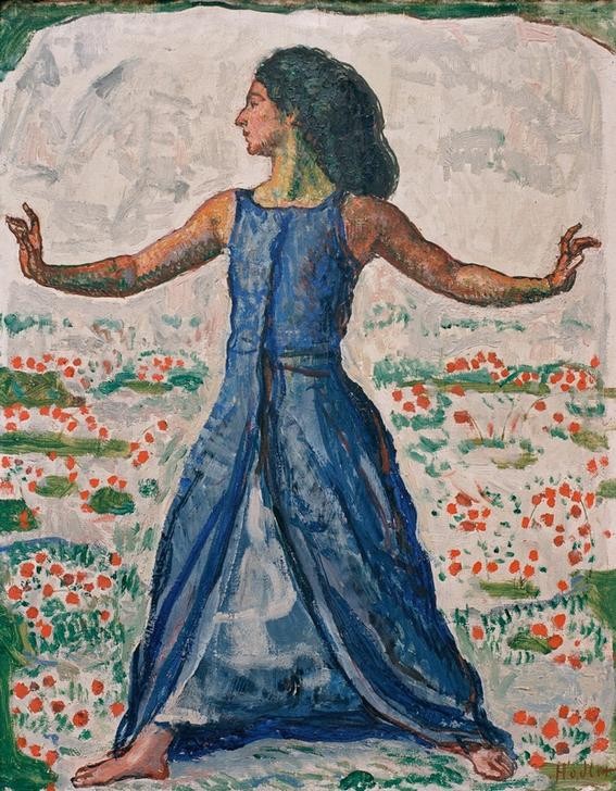 Ferdinand Hodler, Ausschreitende Frau mit erhobenen Armen (Frau,Jugendstil,Musik,Tänzerin,Tanz,Schweizerische Kunst,Pose,Eurythmie,Ausgebreitete Arme,Bewegung)