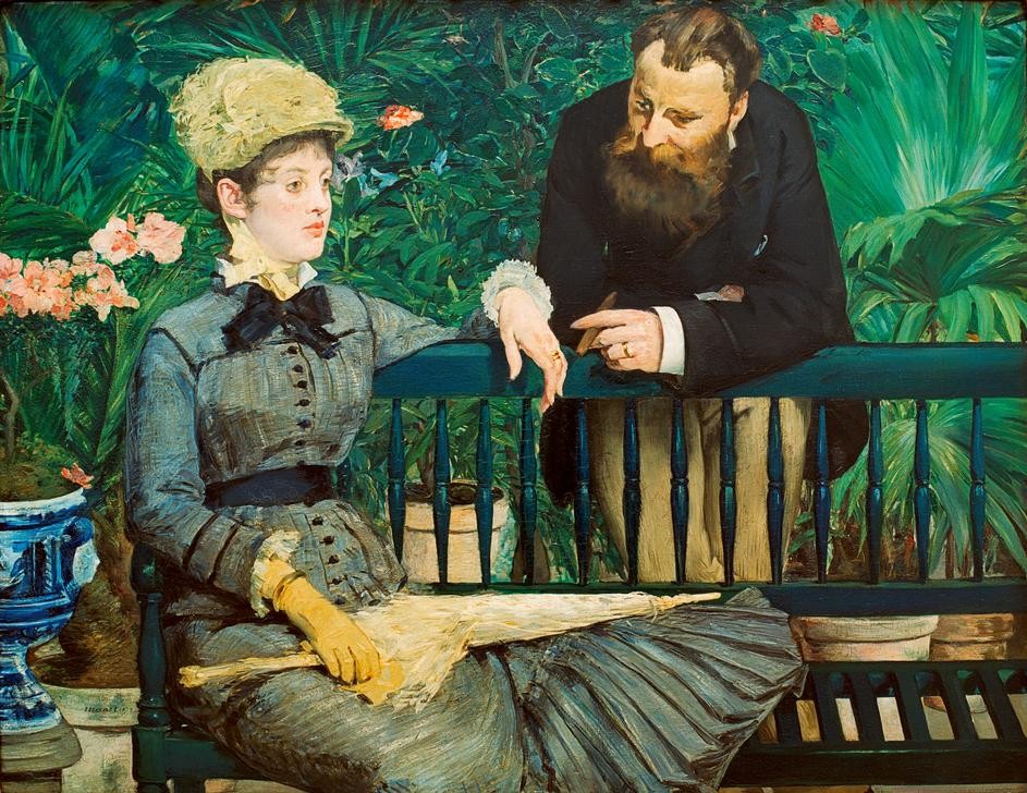 Edouard Manet, Dans la serre (Atelier,Botanik,Damenhut,Damenmode,Ehepaar,Frau,Handschuh,Kopfbedeckung,Kunst,Liebe Und Ehe,Mann,Mensch,Mode,Möbel,Bank (Sitzgelegenheit),Pause,Freizeit,Ring,Schmuck,Sitzmöbel,Tabak,Wohnung,Zigarre,Gewächshaus,Schönheit,Bart,Hut,Rauchen,Portrait,Feder,Son)