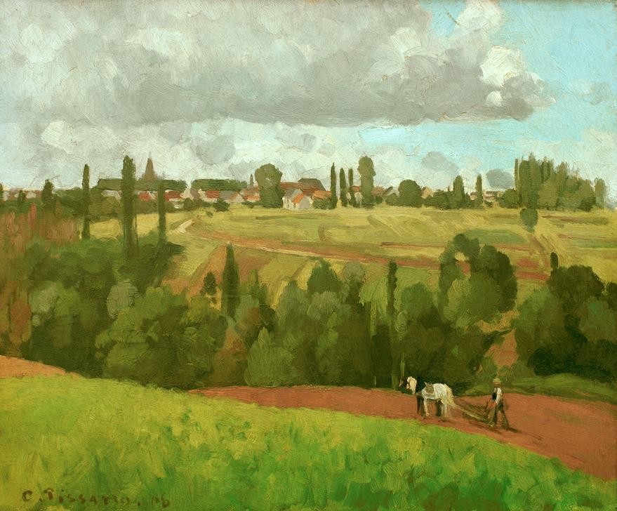 Camille Pissarro, Landschaft bei Ennery, nahe Pontoise (Ackerbau,Bauer (Landwirt),Kunst,Landschaft,Pflug,Impressionismus,Wiese,Französische Kunst,Feld,Landwirtschaft)