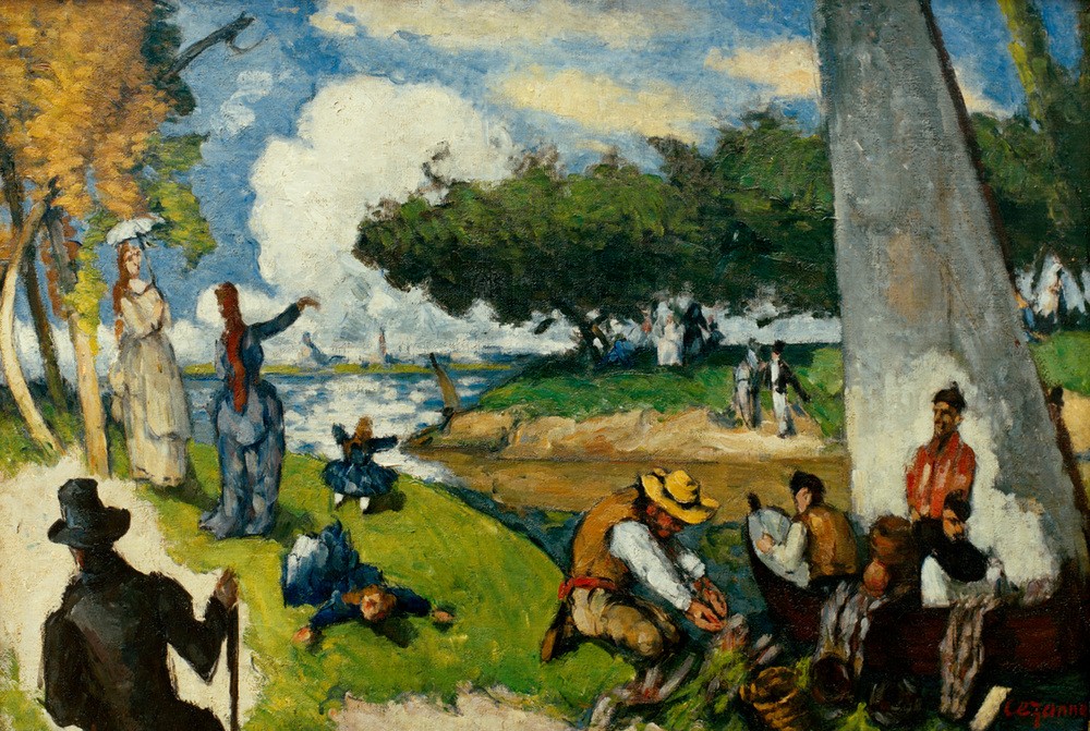 Paul Cézanne, Sonntagnachmittag (Angeln (Sport),Gesellschaftliches Leben,Gesellschaft,Landschaft,Freizeit,Spaziergang,Sonntag,Impressionismus,Reise,Sonnenschirm,Französische Kunst)