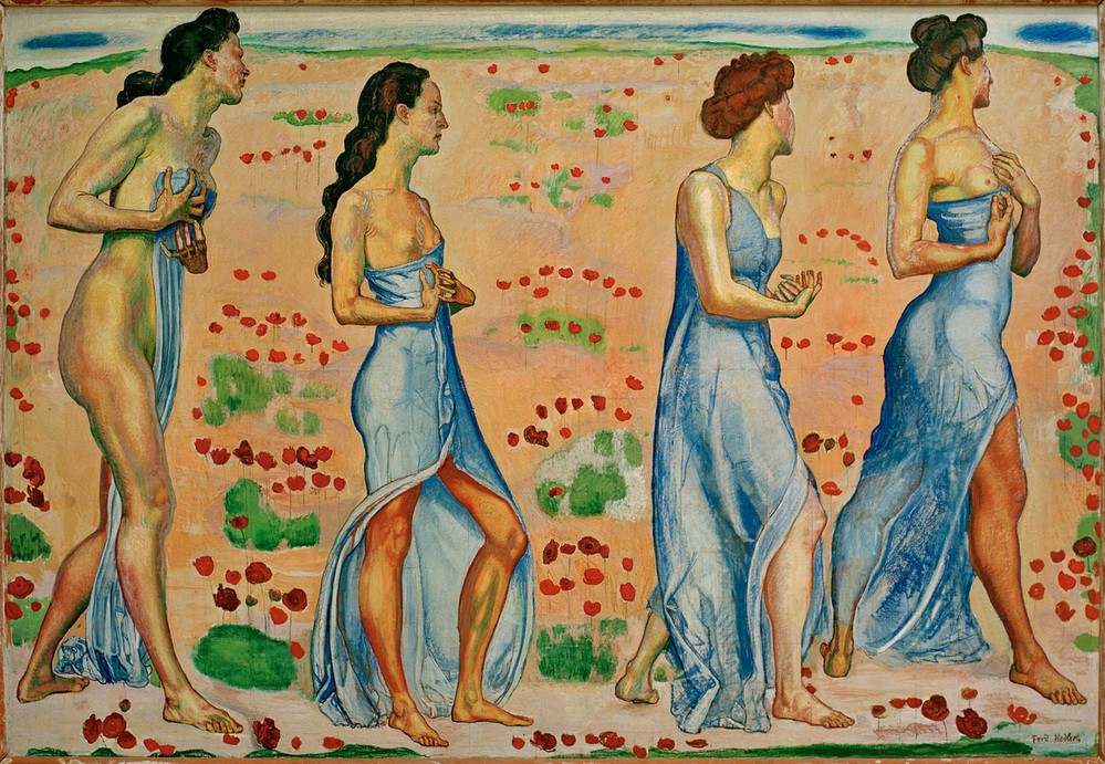 Ferdinand Hodler, Die Empfindung I (Frau,Gruppenbild,Jugendstil,Psychologie,Symbolismus,Gestik,Schweizerische Kunst,Halbakt,Gefühl (Stimmung))