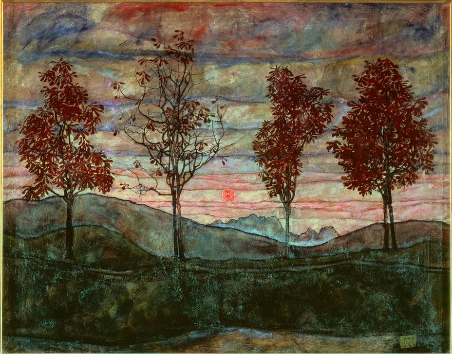 Egon Schiele, Vier Bäume (Botanik,Herbst,Himmel (Natur),Jahreszeiten,Kastanie,Landschaft,Sonnenuntergang,Sonne,Baum,Expressionismus,Vier,Österreichische Kunst)