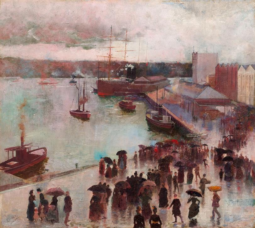 Charles Conder, Departure of the Orient, Circular Quay (Hafen, Dampfer, Schiffe, Regen, Wetter, Regenschirme, Abfahrt, Seereise, Impressionismus, Klassiker, Wunschgröße, Malerei, Wohnzimmer)