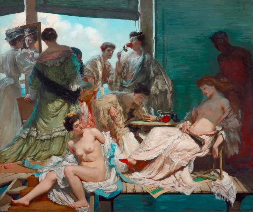 Rupert Bunny, Summemr (Australische Kunst,Dienstboten,Erotik,Frau,Jahreszeiten,Kunst,Mensch,Rose,Sommer,Spiegel,Trinken,Akt,Hausmantel,Salonmalerei,Schwarze,Französische Kunst,Zofe,Spiegelbild,Riechen,Entkleiden,Strohhalm,Müssiggang,Hitze,Dienerin,Belle Epoque,Frauenleben,Duft,)