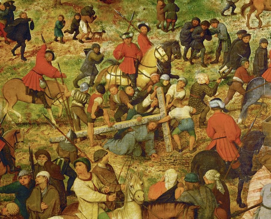 Pieter Brueghel der Ältere, Die Kreuztragung Christi (Christentum,Hinrichtung,Kind,Kreuz,Kutsche,Pferd (Tier),Pferdewagen,Recht,Religion,Soldat,Transport,Reiter,Renaissance,Neues Testament,Bibel,Heer,Kreuztragung,Niederländische Kunst,Standarte,Passion Christi,Tier,Reiten,Krieger,Fahne,Banner,Ausschnitt)