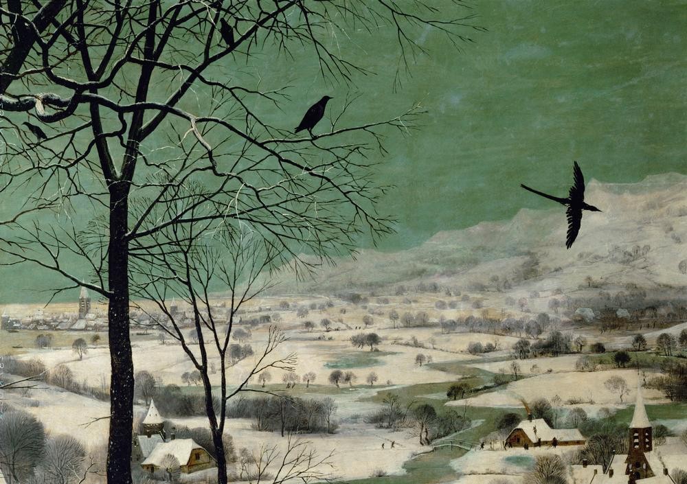 Pieter Brueghel der Ältere, Heimkehr der Jäger (Dorf,Gewehr,Jäger,Jahreszeiten,Landschaft,Vogel,Waffe,Wetter,Winter,Schnee,Renaissance,Baum,Muskete,Niederländische Kunst,Alltag,Ausschnitt)