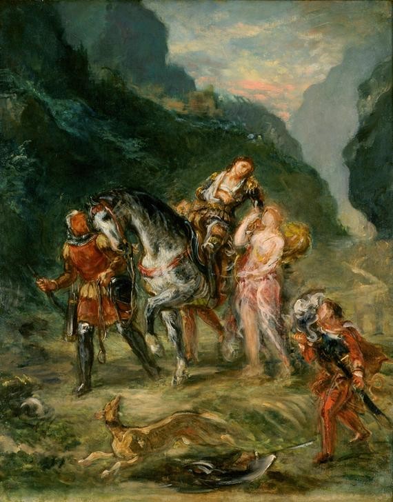 Eugene Delacroix, Angelica und der verwundete Medoro (Liebespaar,Literatur,Reiter,Hund,Windhund,Französische Kunst,Illustration,Reiten,Symbolbild,Verwundung)