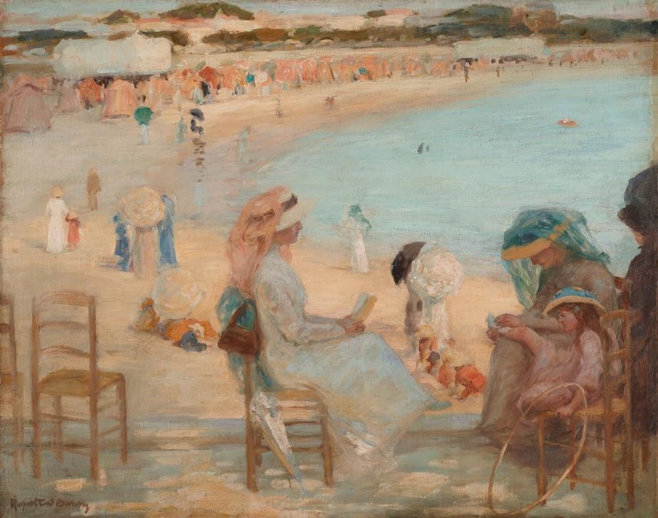 Rupert Bunny, At the beach (Royan) (Australische Kunst,Buch,Damenhut,Damenmode,Kunst,Mutter Und Kind,Freizeit,Seebad,Strand,Meer,Impressionismus,Strohhut,Lesen (Allgemein),Reise,Französische Kunst,Sonnenhut,Familienleben,Stuhl,Frauenleben,Leserin,Schleierhut)