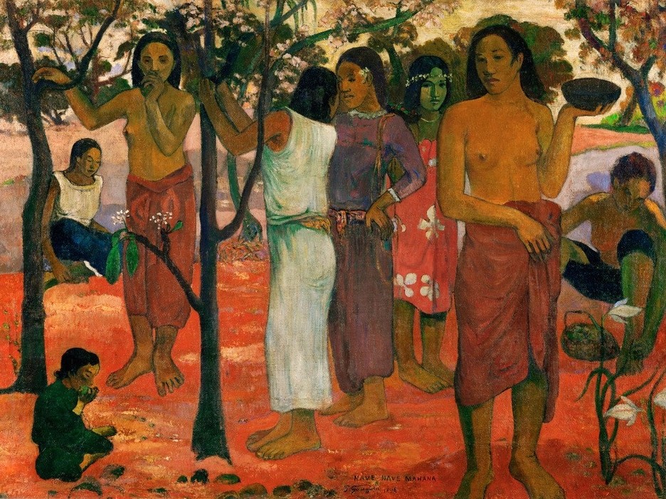 Paul Gauguin, Nave Nave Mahana (Anatomie,Frau,Gruppenbild,Kind,Völkerkunde,Wasser,Fluss,Busen,Baum,Französische Kunst,Exotik,Menschen Im Garten,Kleidung (Allgemein),Blume,Jahrhundertwende,Tropen,Synthetismus,Wickelrock,Land Und Leute,Vier Elemente)