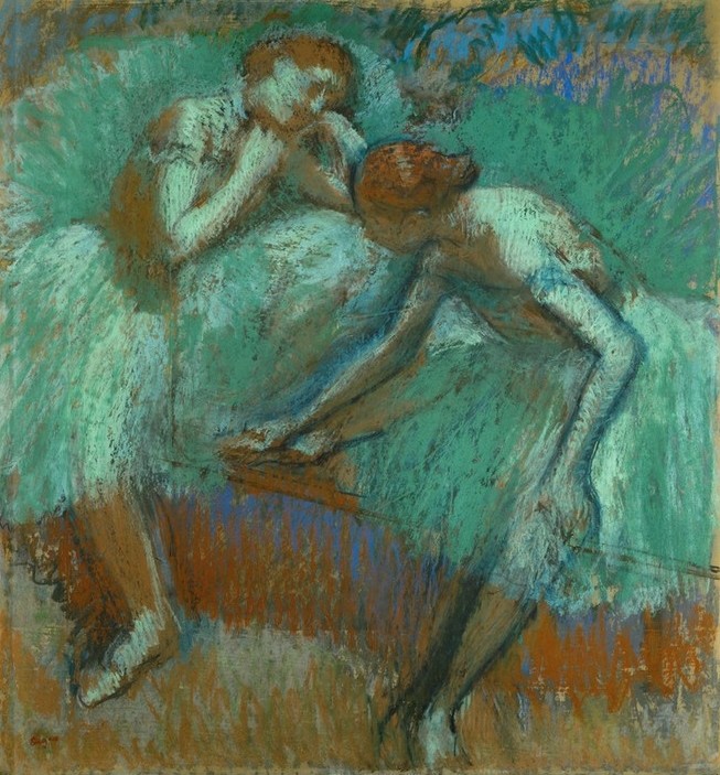 Edgar Degas, Les Grandes Danseuses vertes (Ballett,Musik,Pause,Tänzer,Tänzerin,Tanz,Theater,Impressionismus,Erschöpfung,Bühne,Französische Kunst,Ausruhen,Ballerina,Grün,Hinter Den Kulissen)