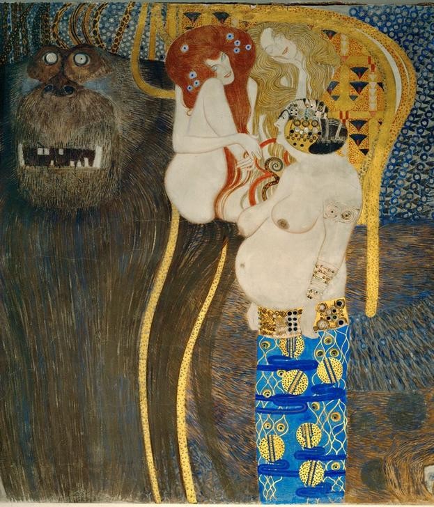 Gustav Klimt, Beethoven-Fries  (unschgröße, Klassische Moderne, Jugendstil, Detail, Monster, Affe, Gigant, Typhoeus, Gorgonen, Schicksalsgöttinnen, Schlangenhaupt, Unkeuschheit, Völlerei, Wollust,Frauen, Alte, Ornamente, bunt, Wohnzimmer, Treppenhaus, Schlafzimmer, Malerei)