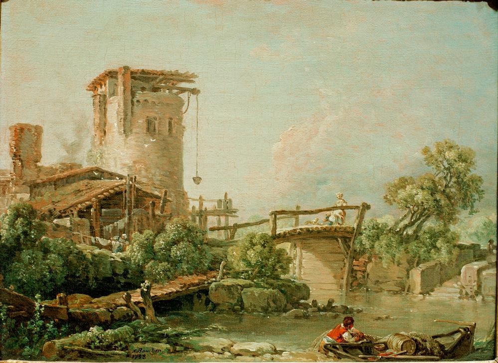 Francois Boucher, Landschaft mit Turm und Brücke (Brücke,Landschaft,Turm,Rokoko,Französische Kunst)