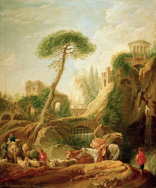 Francois Boucher, Phantasielandschaft bei Tivoli (Landschaft,Tempel,Hirte,Rokoko,Fussweg,Nomaden,Französische Kunst,Pinie,Viehzucht)