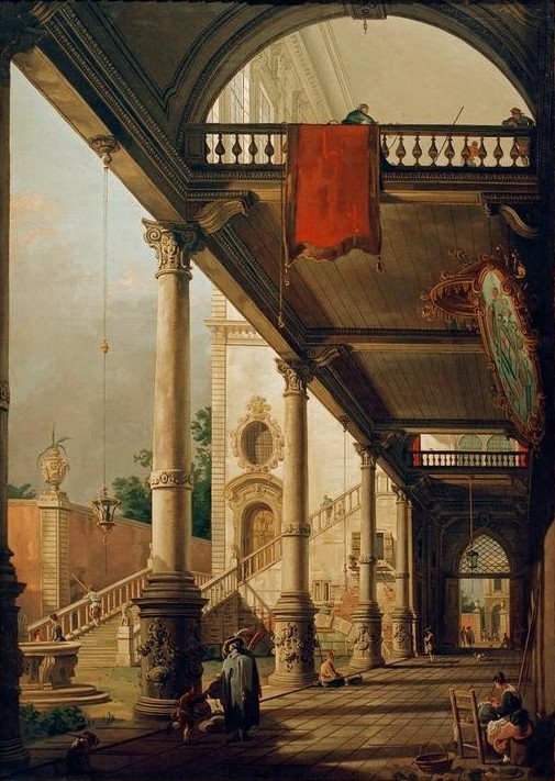 Giovanni Antonio Canaletto, Capriccio mit Kolonnade und Innenhof (Capriccio, Innenhof, Säulen, Säulengang, Gesellschaft, Architektur, Wunschgröße, Malerei, Italien, Klassiker, Wohnzimmer, bunt)