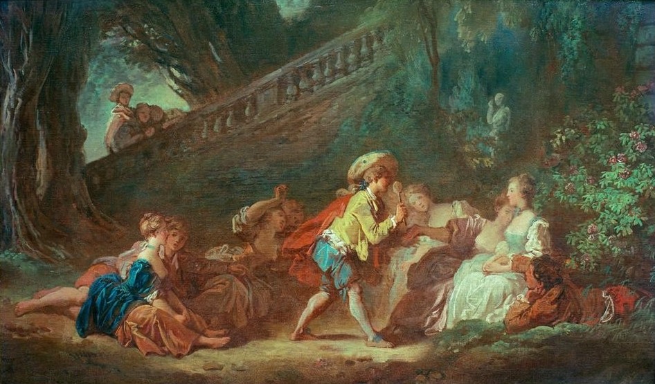 Jean-Honoré Fragonard, Le jeu de la palette (Park, Garten, Freizeit, Gesellschaftsspiel, Spaß, Abklatschen, Sommer, Treppenhaus, Wohnzimmer, Rokoko, Klassiker, Wunschgröße, Malerei, bunt)