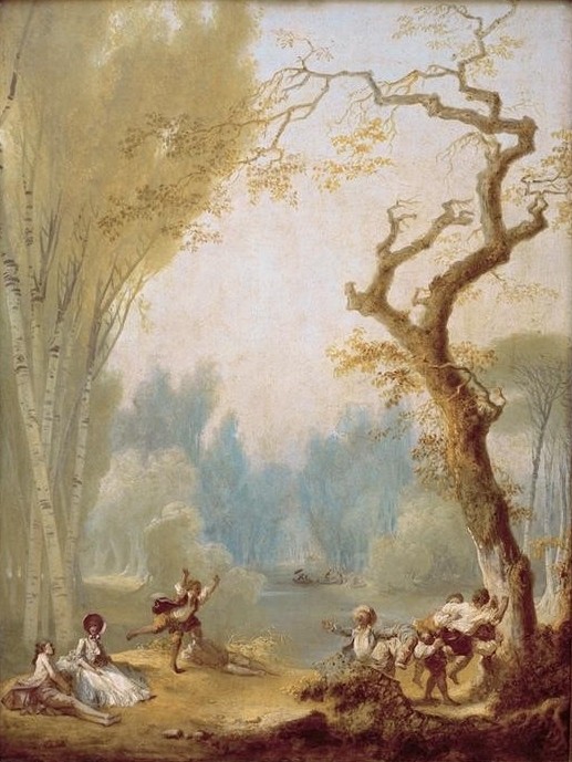 Jean-Honoré Fragonard, Spiel mit Pferd und Reiter (Ausflug, Park, Spiel, Freizeit,  Familienleben,Treppenhaus, Wohnzimmer, Rokoko, Klassiker, Wunschgröße, Malerei, bunt)