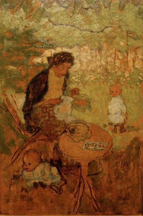 Pierre Bonnard, Femme cousant dans un jardin (avec enfants) (Familie, Mutter, Kinder,  Garten, nähen, Handarbeit,  Kleinkind, Garten, Sommer,  Post-Impressionismus,  Wohnzimmer, Wunschgröße, Klassische Moderne,)