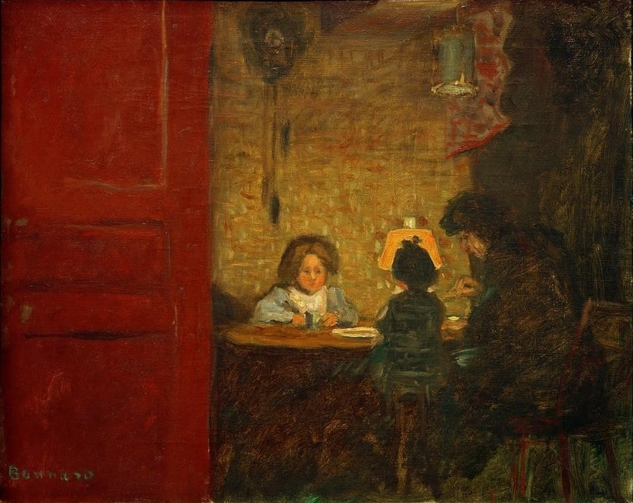 Pierre Bonnard, Les leçons / La Dinette (Zimmer, Rum Interieur, Gesellschaft, Mutter, Kinder, Lernen, Petroleumlampe, Licht und Schatten, Post-Impressionismus,  Wohnzimmer, Wunschgröße, Klassische Moderne)
