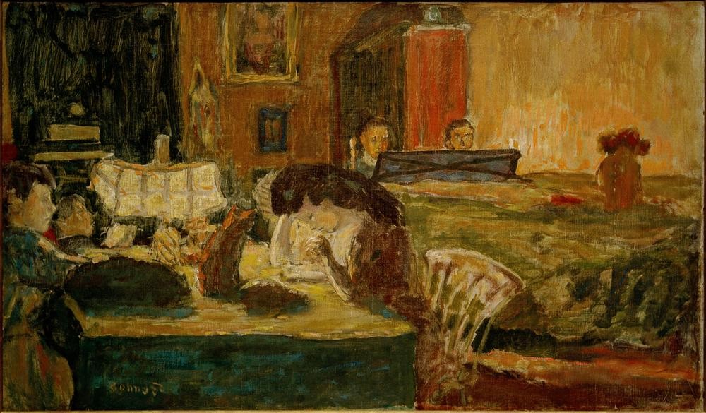 Pierre Bonnard, La soirée au salon (Famille Terrasse) (Zimmer, Interieur, Familie, Hausmusik, Musikinstrument, Abendszene, Tischlampe, Gesellschaft, Post-Impressionismus,  Wohnzimmer, Wunschgröße, Klassische Moderne)