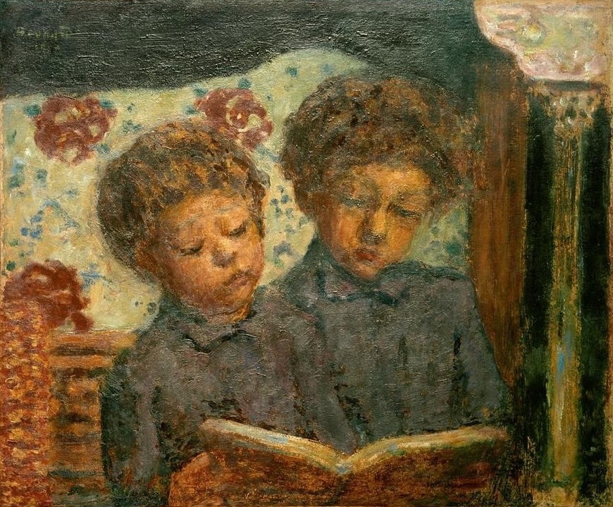 Pierre Bonnard, Enfants lisant (Charles et Jean Terrasse (Kinder, Geschwister, Buch, Lesen,  Knaben, Brüder, Künstlerfamilie, Kinderleben, Gesellschaft, Post-Impressionismus,  Wohnzimmer, Wunschgröße, Klassische Moderne)