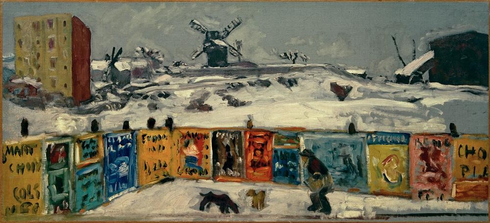 Pierre Bonnard, Palisade, les affiches (Palisade couvert d’affiches, et les vieux moulins de Montmartre sous la neige) (Paris, Montmatre, Mühle, Graffities, Werbung, Winter, Schnee, Plakate, Bauzaun, Post-Impressionismus, Wohnzimmer, Wunschgröße, Klassische Moderne)